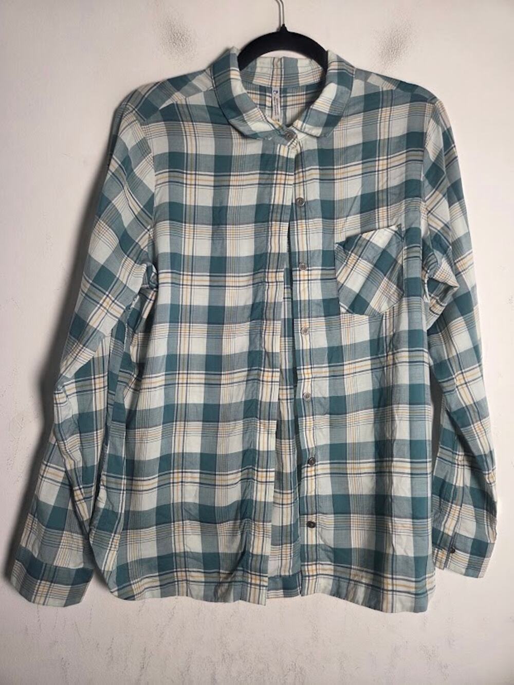 Kuhl Women "Hadley" Teal Green Cream Plaid Tencel Button Down Shirt sz Medium